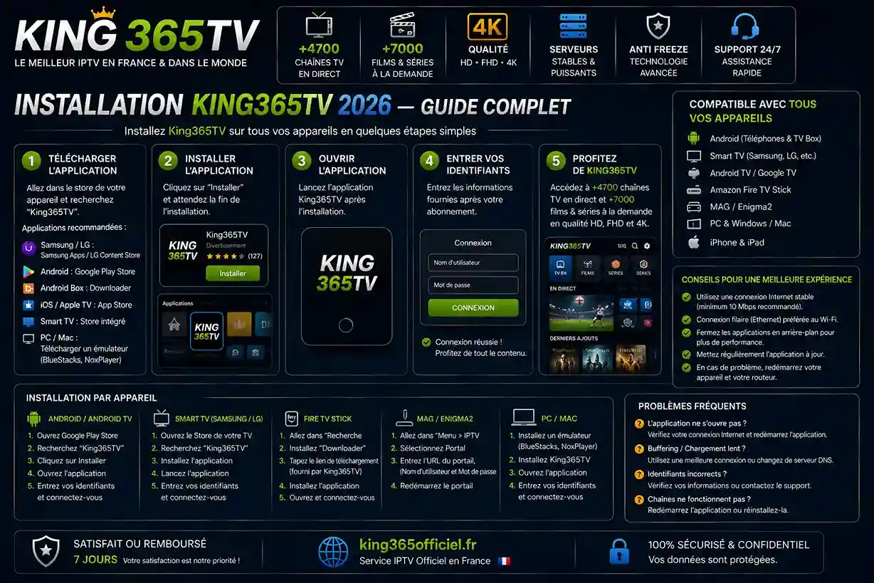 installation king365tv 2026 — télécharger king365tv, tuto installation king365, telecharger king365tv sur Android PC iOS Smart TV